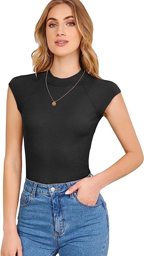 Verdusa Women's Cap Sleeve Tee Top Mock Neck Slim Fitted Ribbed T Shirts | Amazon (US)