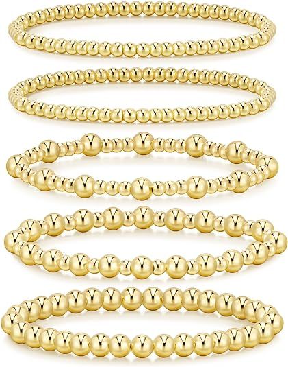 adoyi Gold Bracelets for Women, 14K Gold Plated Beaded Bracelets Gold Stretch Bead Ball Bracelet ... | Amazon (US)