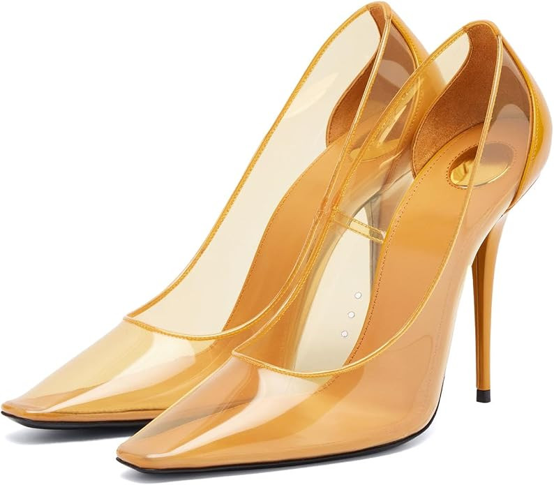 Yishaweiqi Square Toe Jelly Heels for Women, Transparent Clear Stiletto High Heels with Patent Le... | Amazon (US)