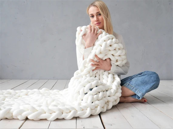 Chunky knit blanket Chunky cotton blanket Arm knit blanket Giant knit blanket Cotton yarn blanket... | Etsy (US)