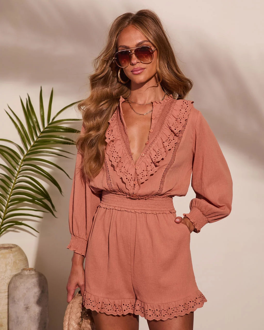 Soft Dusk Ruffle Cotton Eyelet Lace Trim Romper | VICI