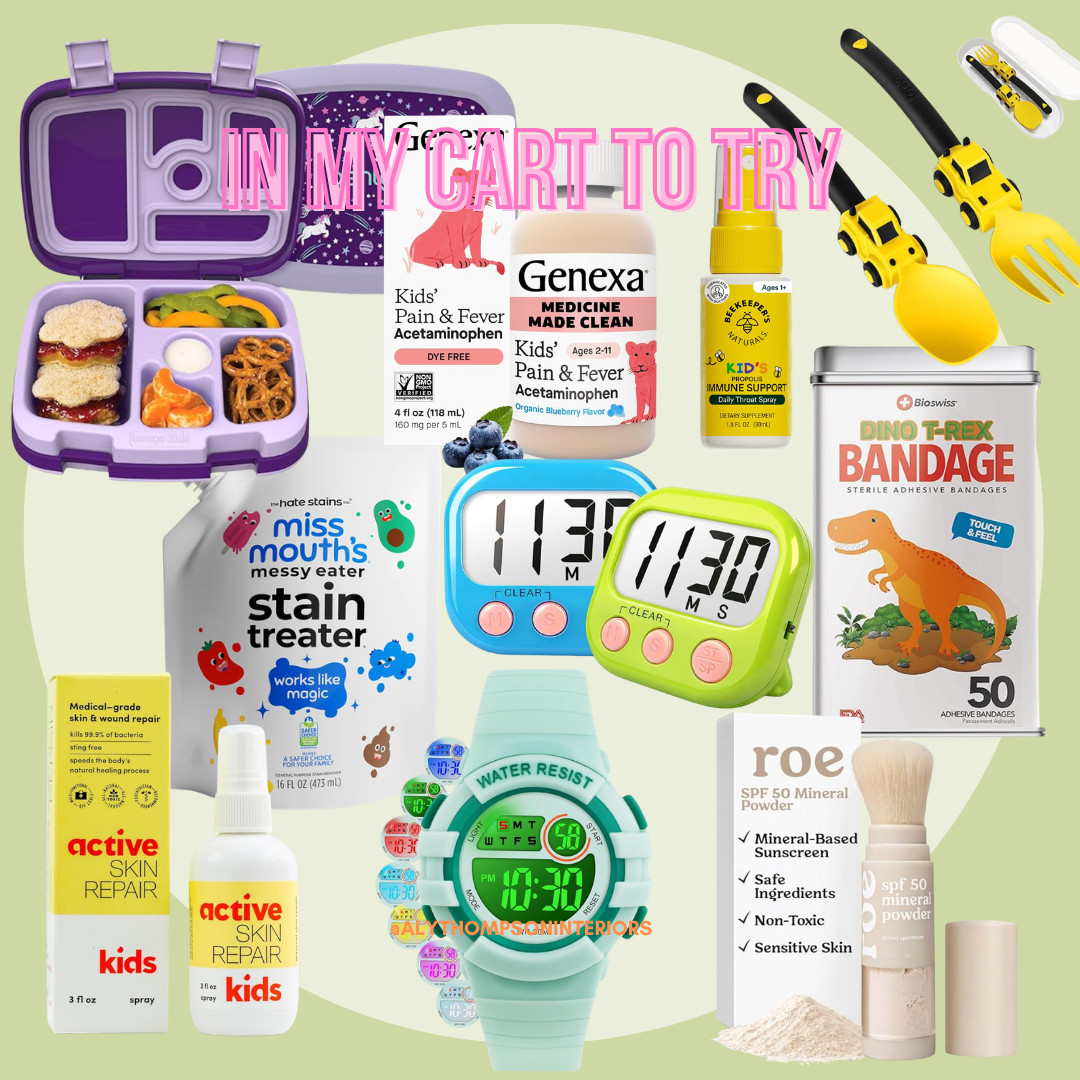 In My Cart | Amazon Finds | Kids Lunch Box | Bento Box | Utensils | Stain Treater | Active Skin Repair | Kids Watch | Mineral Sunscreen | Timer | Bandages 

 #LTKHome #LTKSaleAlert #LTKKids