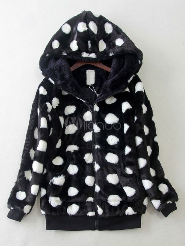 Faux Fur Coat Black Long Sleeve Hooded Polka Dot Print Women's Winter Coats | Milanoo