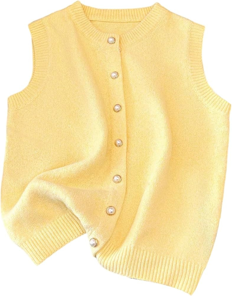 GORGLITTER Chaleco de punto con botones y perlas para mujer, cuello redondo, sin mangas, cárdiga... | Amazon (US)