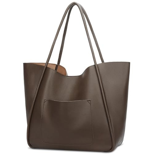 KKXIU Tote Bag for Women Vegan Leather Shoulder Purse Large Capacity Travel Bag - Khaki | Amazon (US)