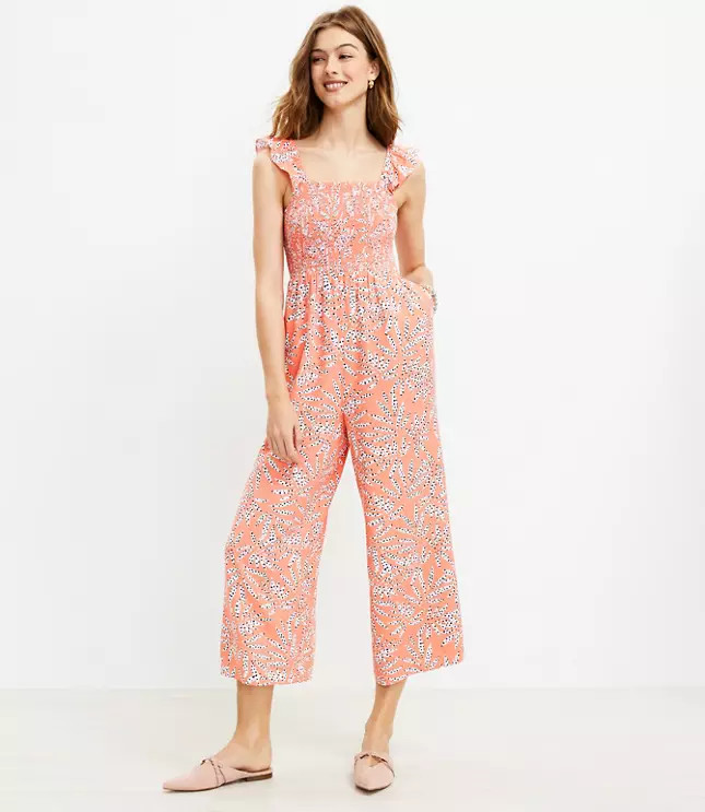 Leaf Dot Smocked Ruffle Strap Jumpsuit | LOFT