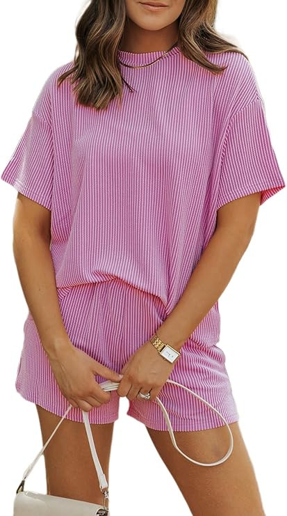 MARZXIN Women 2 Piece Short Set with Vertical Stripes Summer Cruise Outfits | 2026 Short Sleeve P... | Amazon (US)