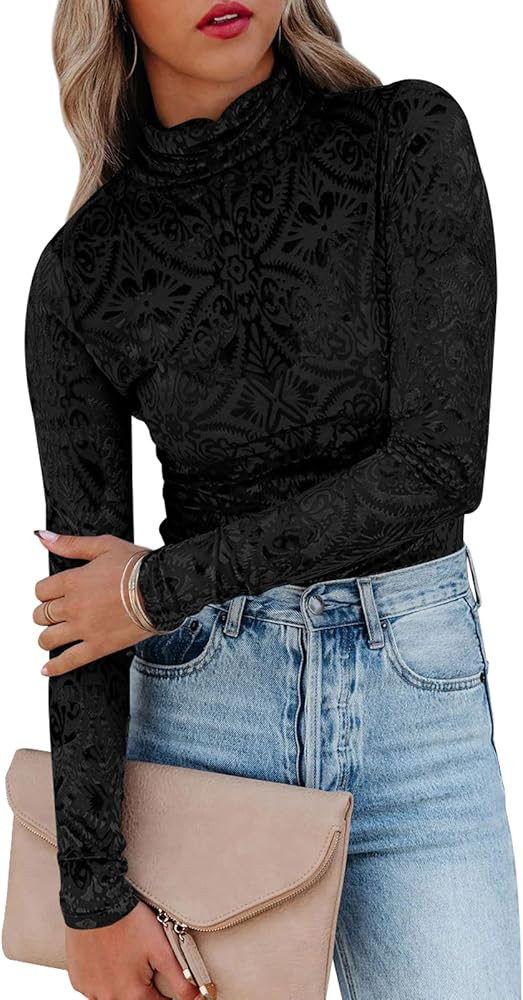 miduo Womens Slim Fit Velvet Burnout Top Cowl Neck Long Sleeve See Through Shirt Blouses Tops | Amazon (US)