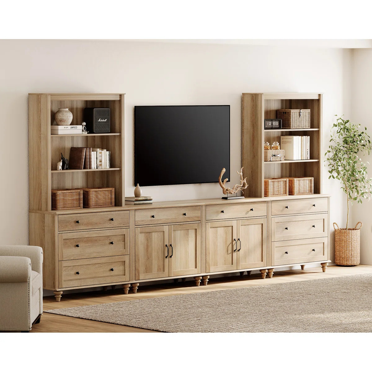 Scarlett Entertainment Center With Bookshelves, Farmhouse Wall Unit TV Stand With Doors & Drawer,... | Wayfair North America