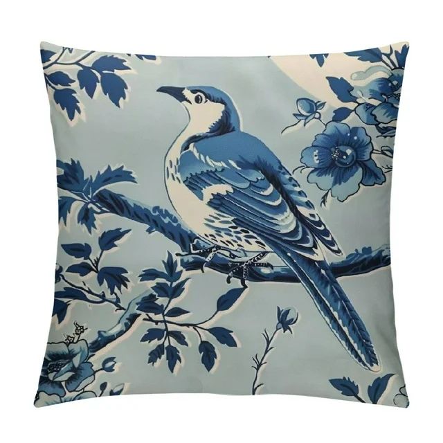 Nawypu Blue Indigo Floral Chinoiserie Pillow Covers Blue and White Porcelain Birds Chic Lumbar Pi... | Walmart (US)