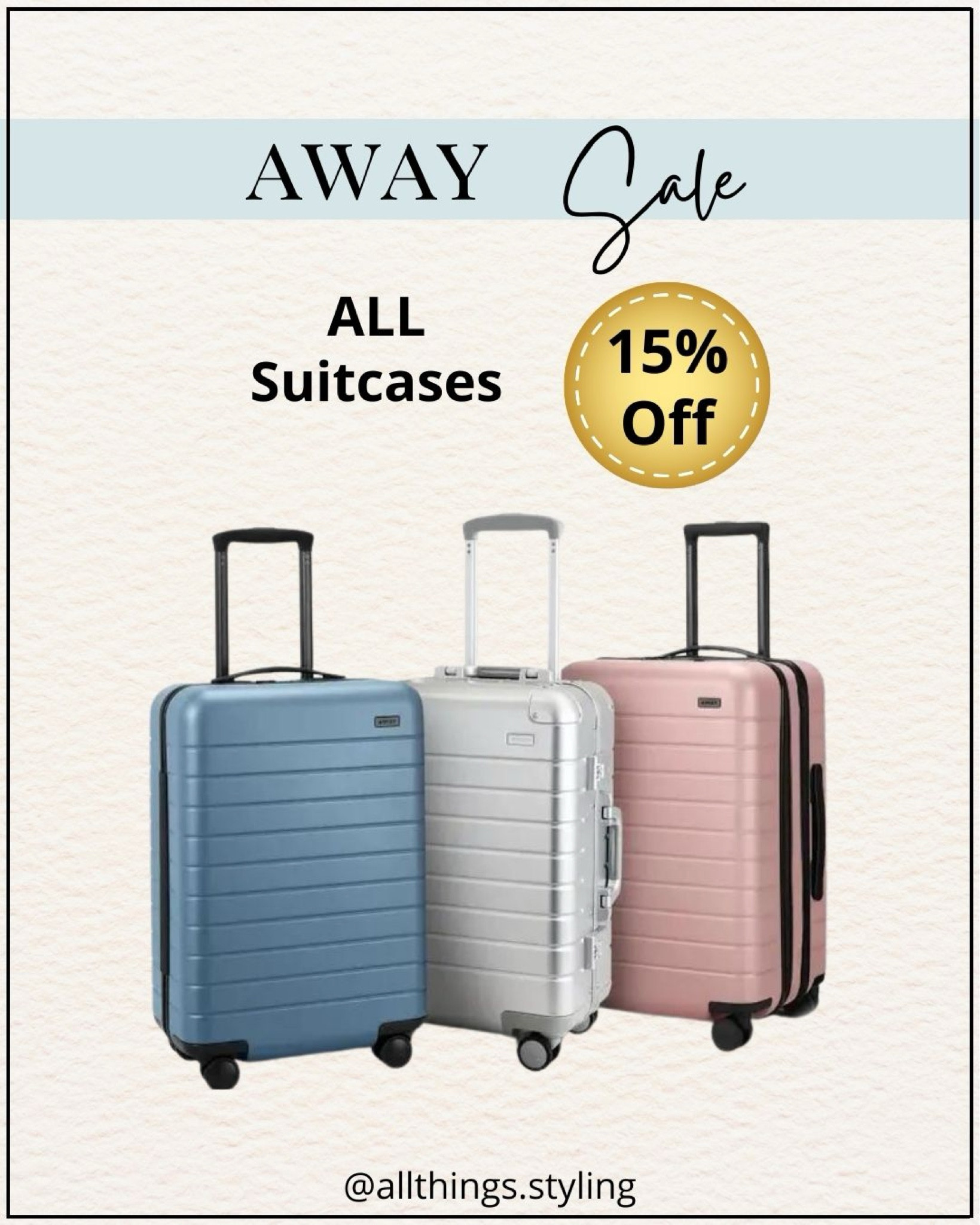 My favorite AWAY Suitcases up to 15% Off.  I love my AWAY Medium Flex suitcase that expands for extra room, for the overpacker like me 😉

Away luggage sale, Away carry on suitcase, Away silver luggage, travel essentials #LTKMens #LTKItBag

#LTKSaleAlert #LTKTravel #LTKWorkwear
