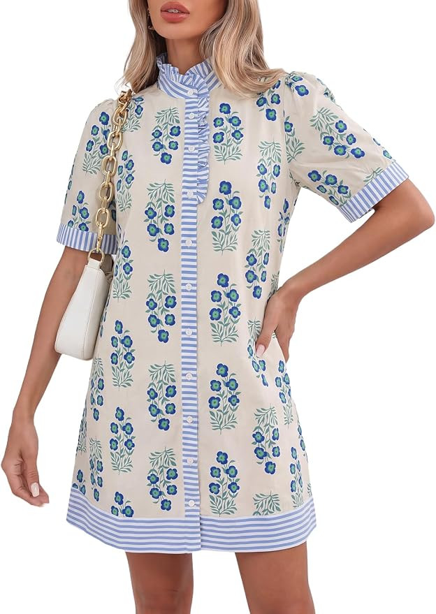 Kedera Womens Mini Dress Casual Short Sleeve Floral Ruffle V Neck Summer Loose Boho Babydoll Dres... | Amazon (US)
