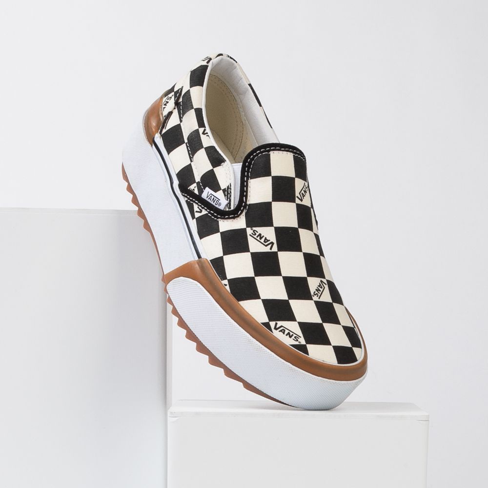 Vans Slip On Stacked Checkerboard Skate Shoe - Black / White | Journeys