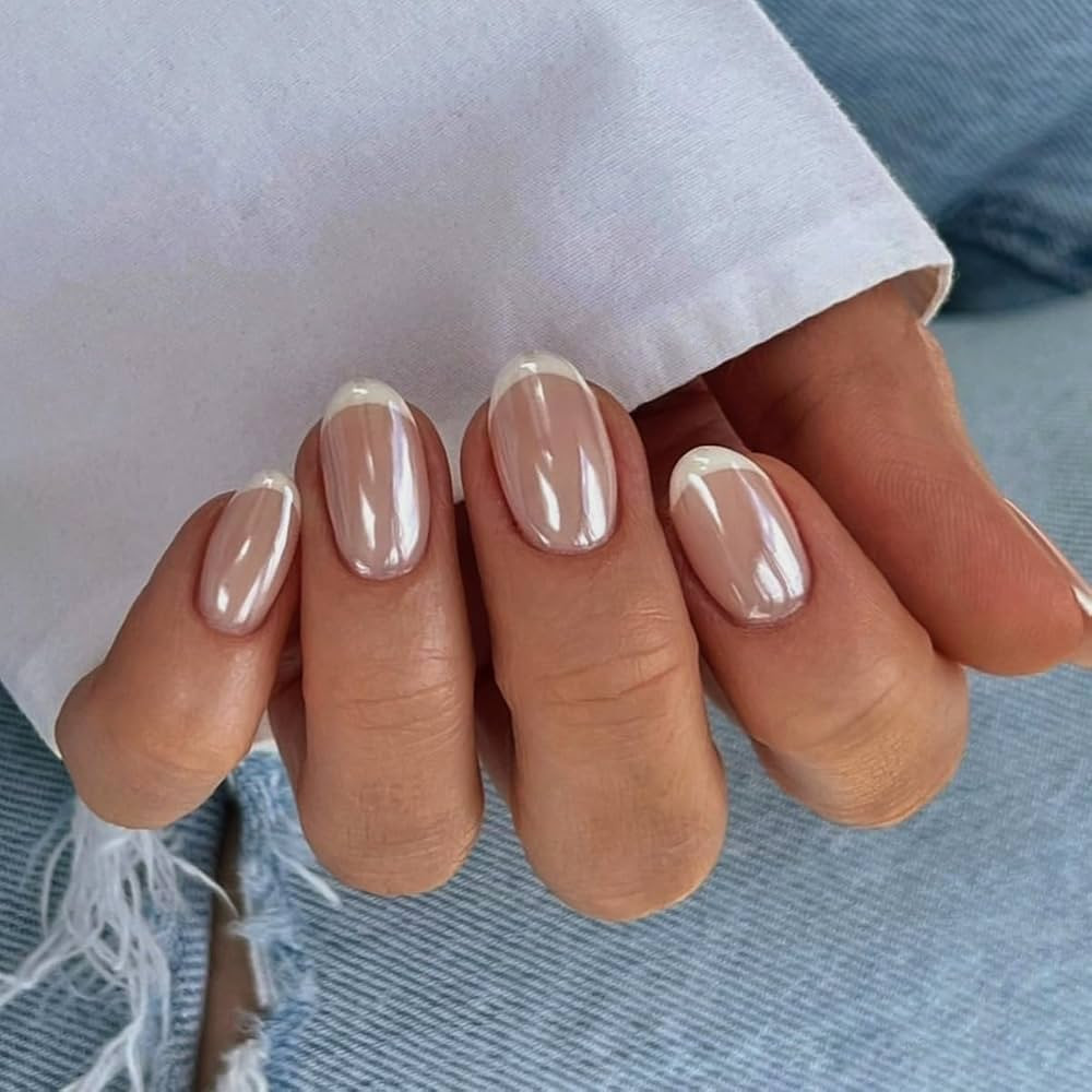 Glazed Donut White French Tip Press on Nails Oval, Nude Brown French Chrome Nails Press ons for W... | Amazon (US)