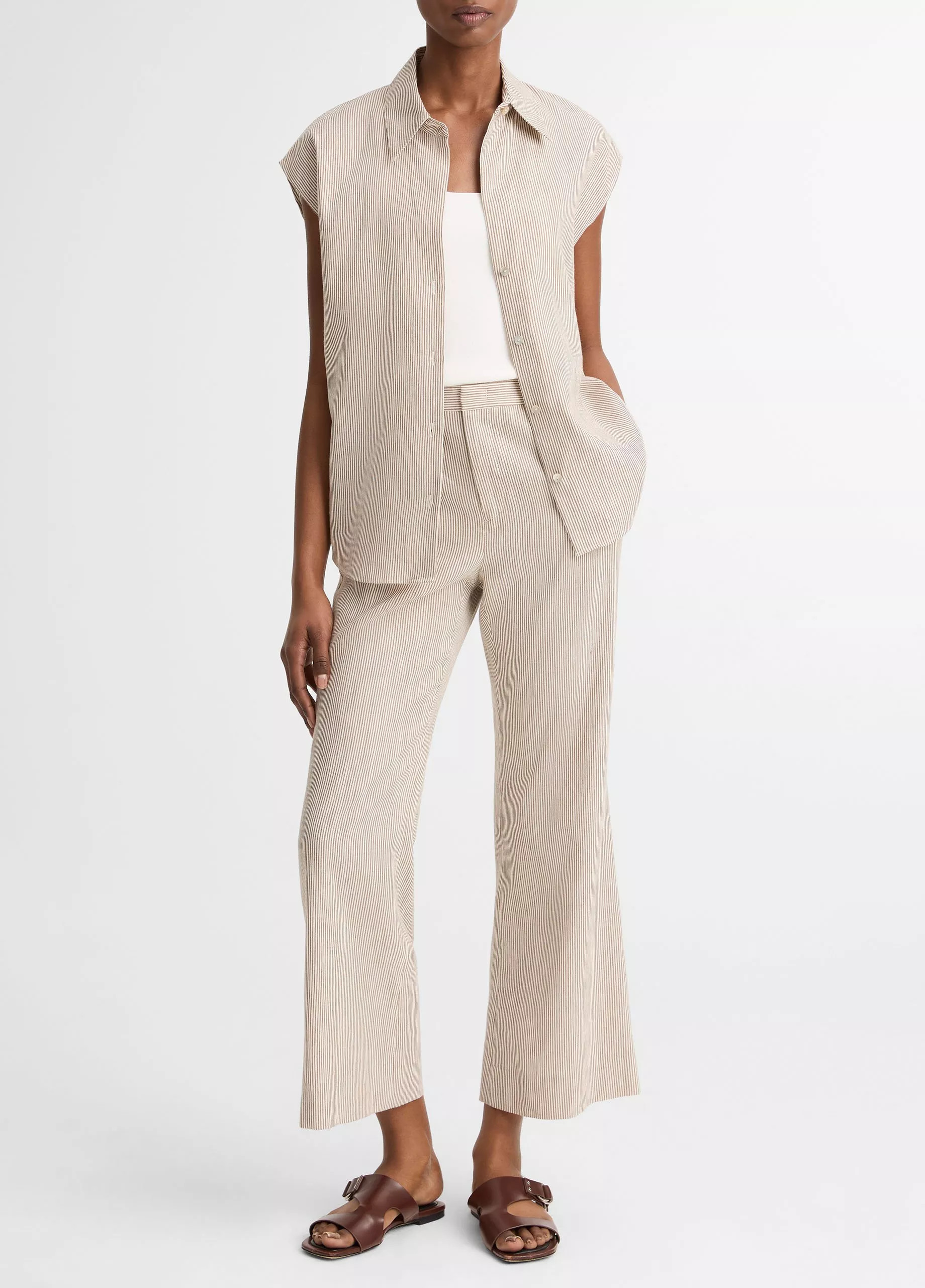 Ticking Stripe Linen-Cotton Low-Rise Crop Flare Trouser | Vince LLC