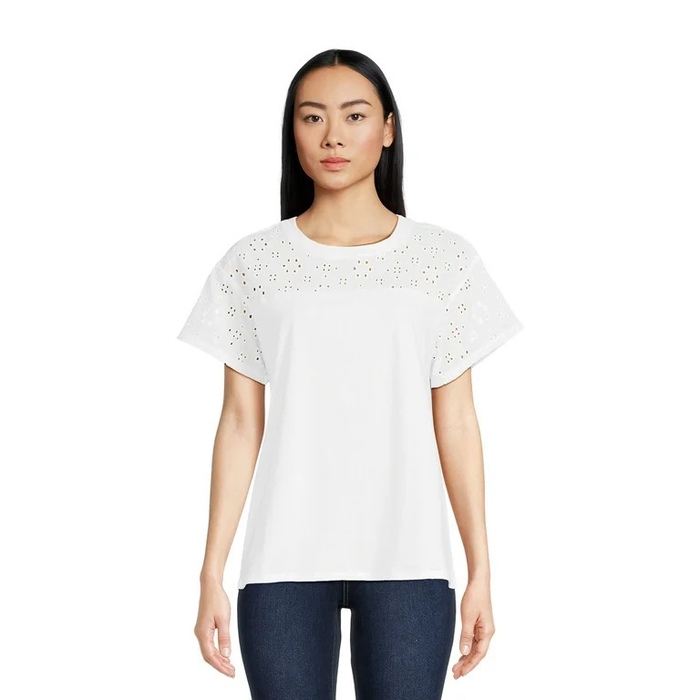 Time and Tru Women's Mixed Media Eyelet Combo Crew Neck Top, XS-XXXL | Walmart (US)