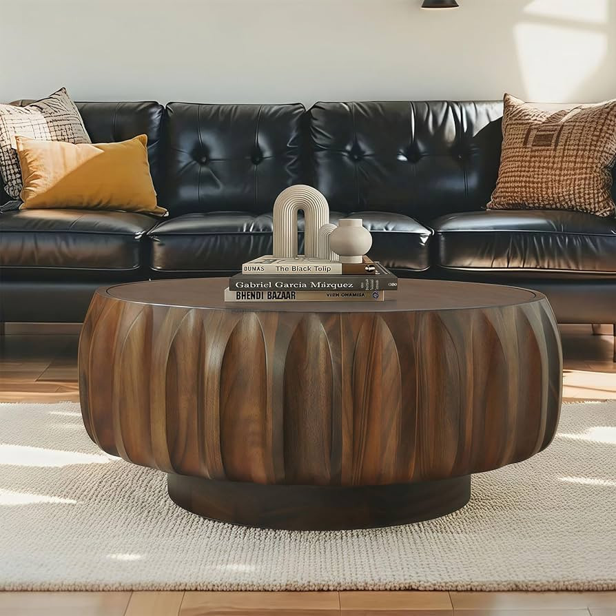 31.5" Drum Coffee Table Modern Unique Fluted Tea Table Contemporary Wood Round Coffee Table with ... | Amazon (US)