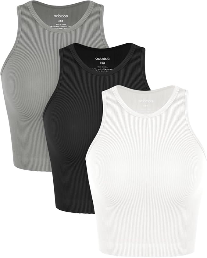 ODODOS 3-Pack Seamless Crop Tank for Women Ribbed Soft High Neck Cropped Tops | Amazon (US)