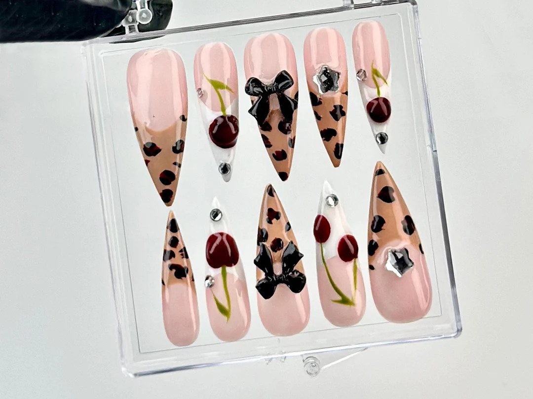 Red Cherries Press on Nails Leopard Print Elegance Nail Art Skullcap Unique Nail Charms Acrylic N... | Etsy (US)