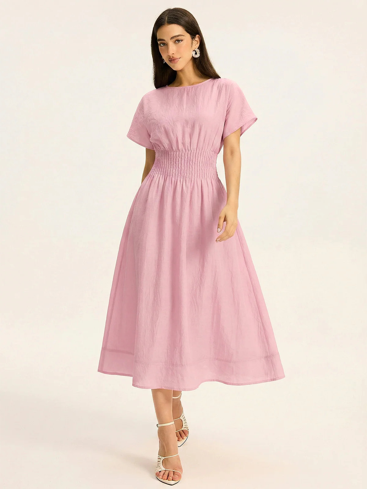 Short Sleeve Smocked Waist Midi Dress | Commense