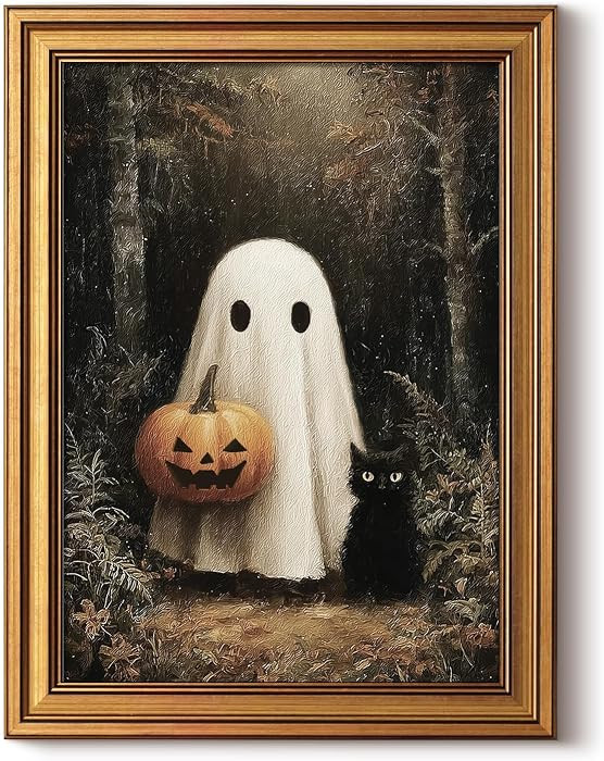 WHASAYART Halloween Canvas Wall Art, Gold Framed Pumpkin Ghost, 12x16 Inch | Amazon (US)