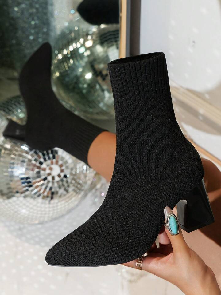 Fashionable And Versatile Pointed Toe Thick Heel High Heel Boots With Black And Apricot Colors, D... | SHEIN