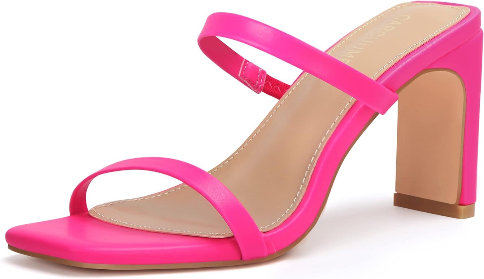 Carcuume Women's Square Toe Two Strap Open Toe Block Heels Sandals Slip On Shoes | Amazon (US)