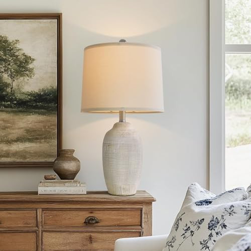 USumkky 24 inch Vintage Ceramic Table Lamp with 5FT Cord - Single Farmhouse Rustic Bedside Lamp w... | Amazon (US)