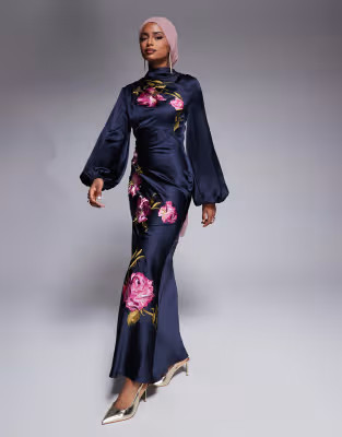 ASOS DESIGN cowl neck floral embroidered bias maxi dress with blouson sleeves in navy | ASOS (Global)
