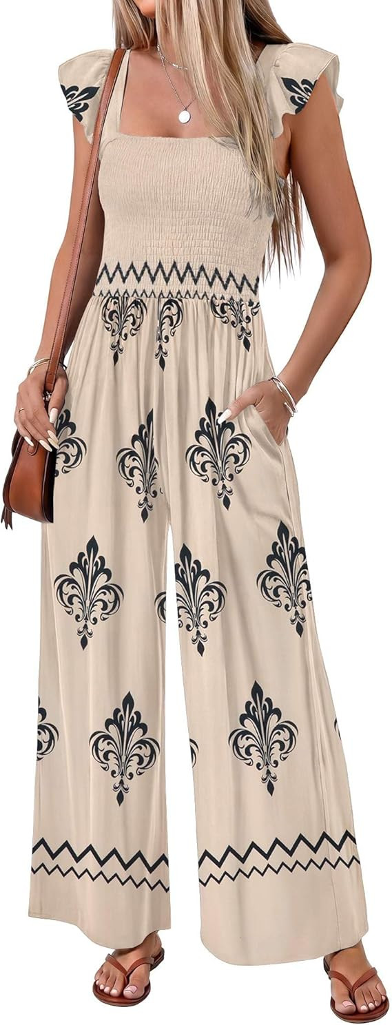 Ekouaer Womens Casual Jumpsuits Summer Boho Outfits Printed Smocked Wide Leg Vacation Jumper With... | Amazon (US)