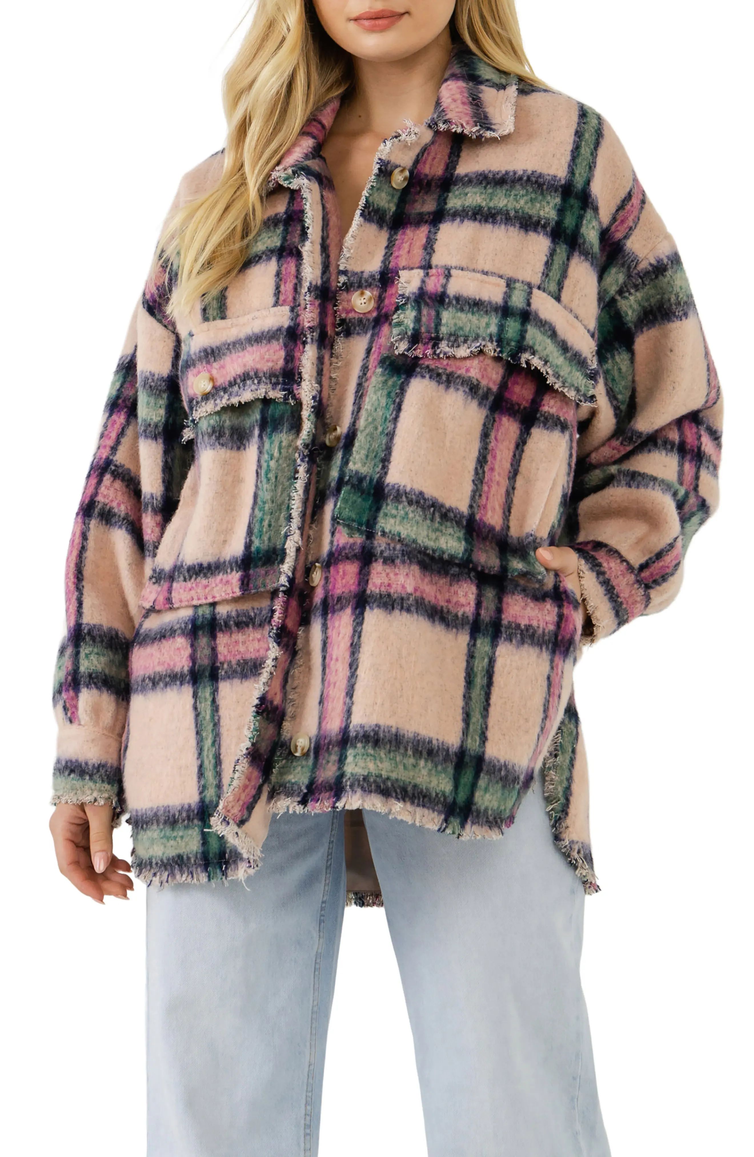 Free the Roses Oversize Plaid Shacket, Size X-Small in Blush at Nordstrom | Nordstrom