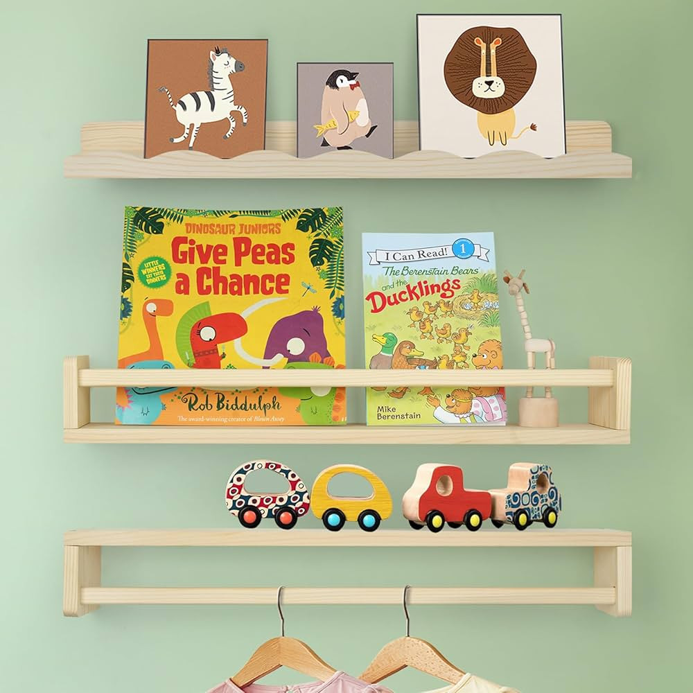 Floating Book Shelves for Wall, 23.6" Natural Wood Nursery Shelves for Book Storage, Solid Pine W... | Amazon (US)