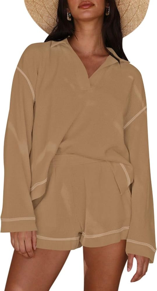 Pink Queen Women's 2025 Fall Casual Waffle Knit Long Sleeve Lounge Sets Casual Top and Shorts 2 P... | Amazon (US)