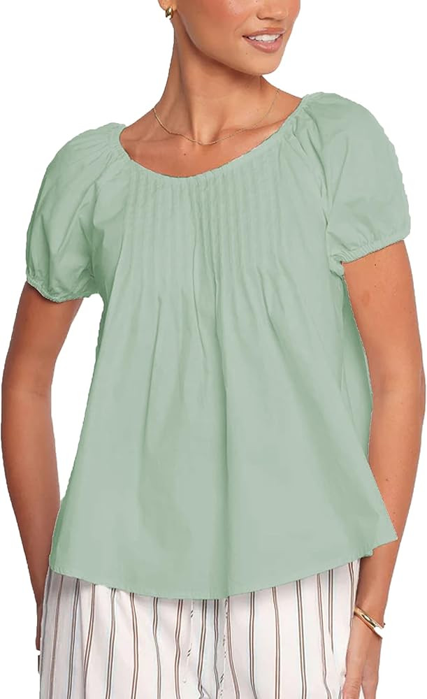 Zontroldy Women's Summer Cotton Blouses Tops Pleated Short Sleeve Crewneck Casual Babydoll Shirts | Amazon (US)