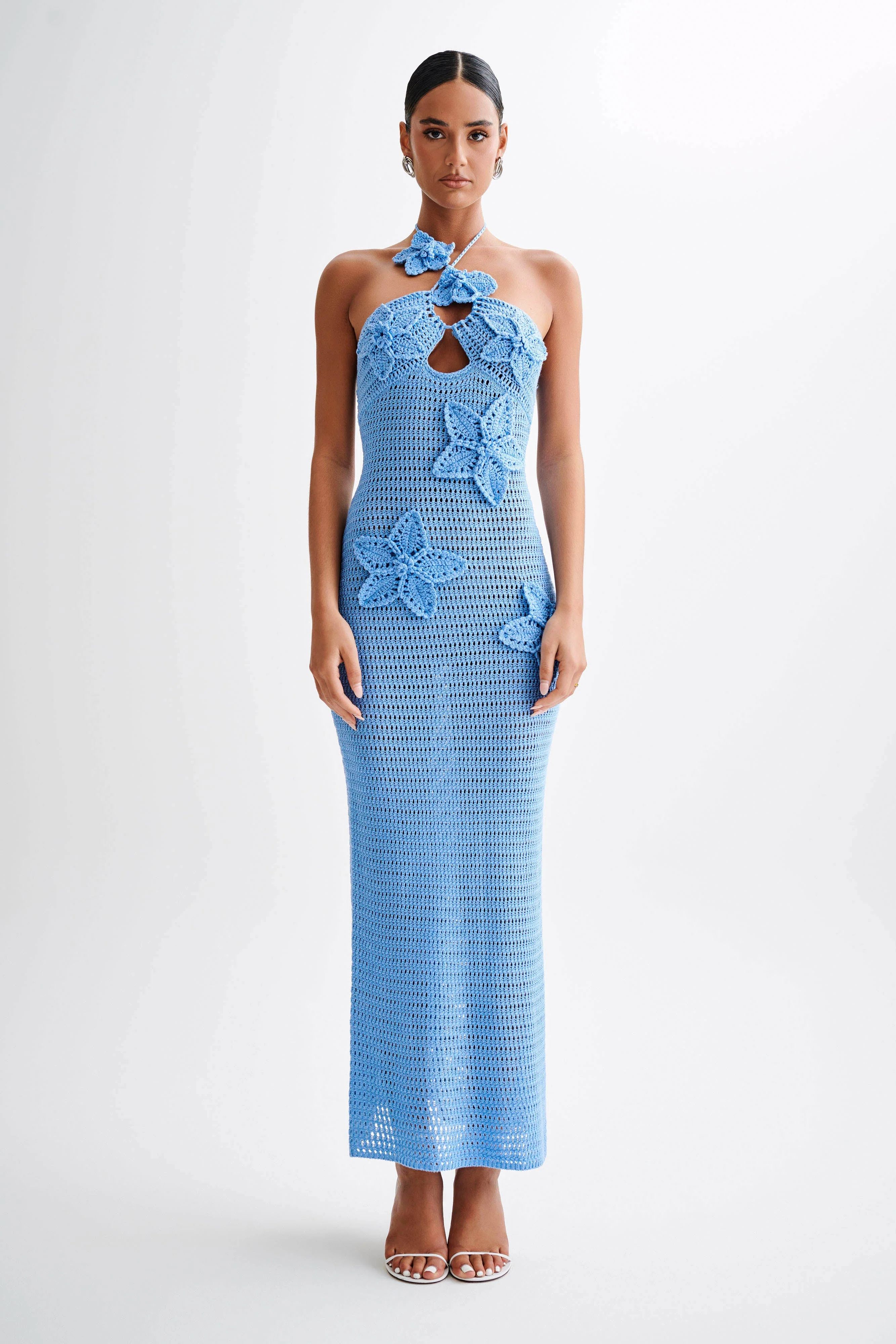 Kyla Floral Crochet Maxi Dress - Cornflower Blue | MESHKI US