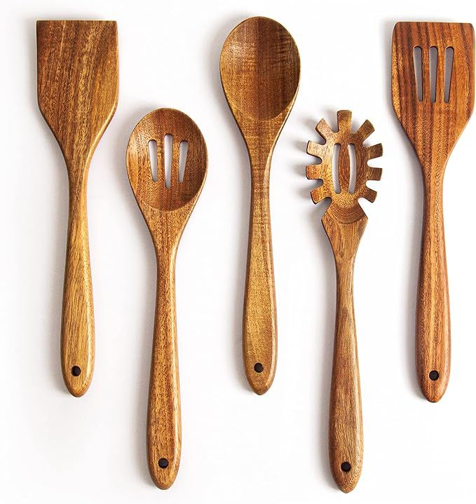 Acacia Wooden Spoons for Cooking: 5-Piece Kitchen & Cooking Utensils Set - Wooden Spatula, Slotte... | Amazon (US)