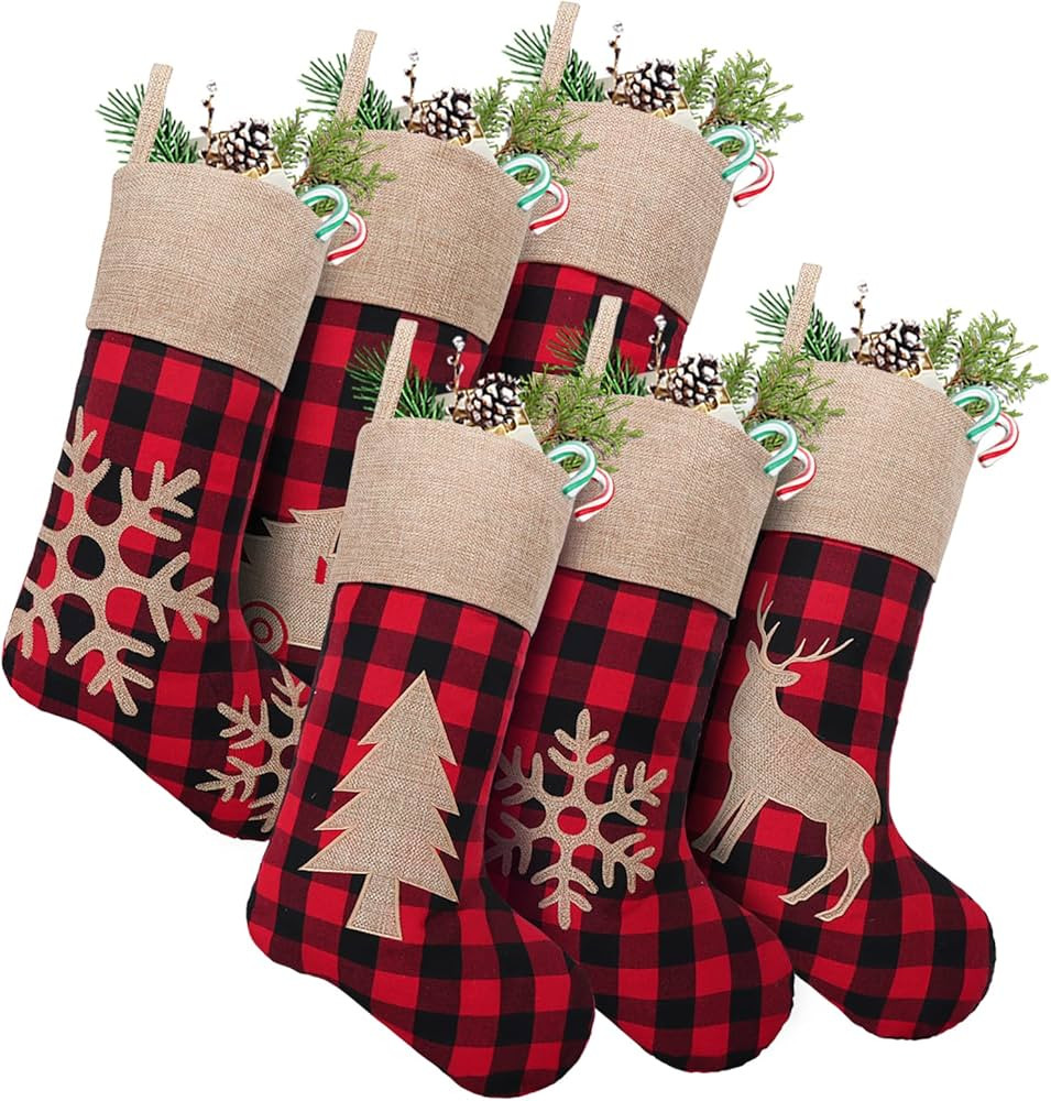 Christmas Stockings Decorations 6 Pack, 18 inches Red Black Buffalo Plaid Xmas Ornaments, Rustic ... | Amazon (US)