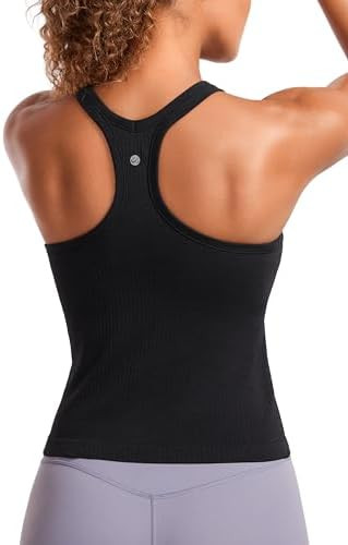 CRZ YOGA Seamless Ribbed Scoop Neck Tank Top for Women - Workout Racerback Padded Athletic Camiso... | Amazon (US)