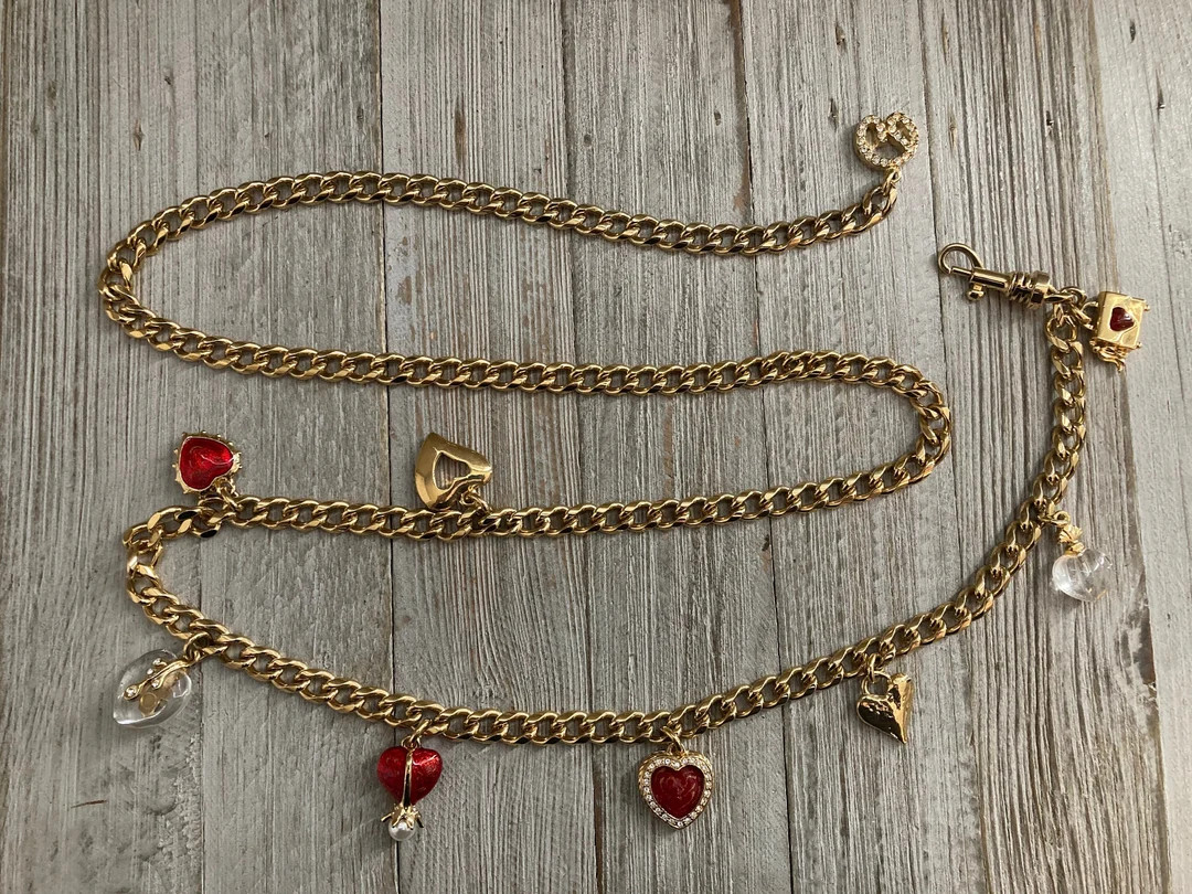 ST. JOHN Absolutely Stunning Vintage 1990's Gold and Red Chain Belt With Dangling Heart Shaped Ch... | Etsy (US)