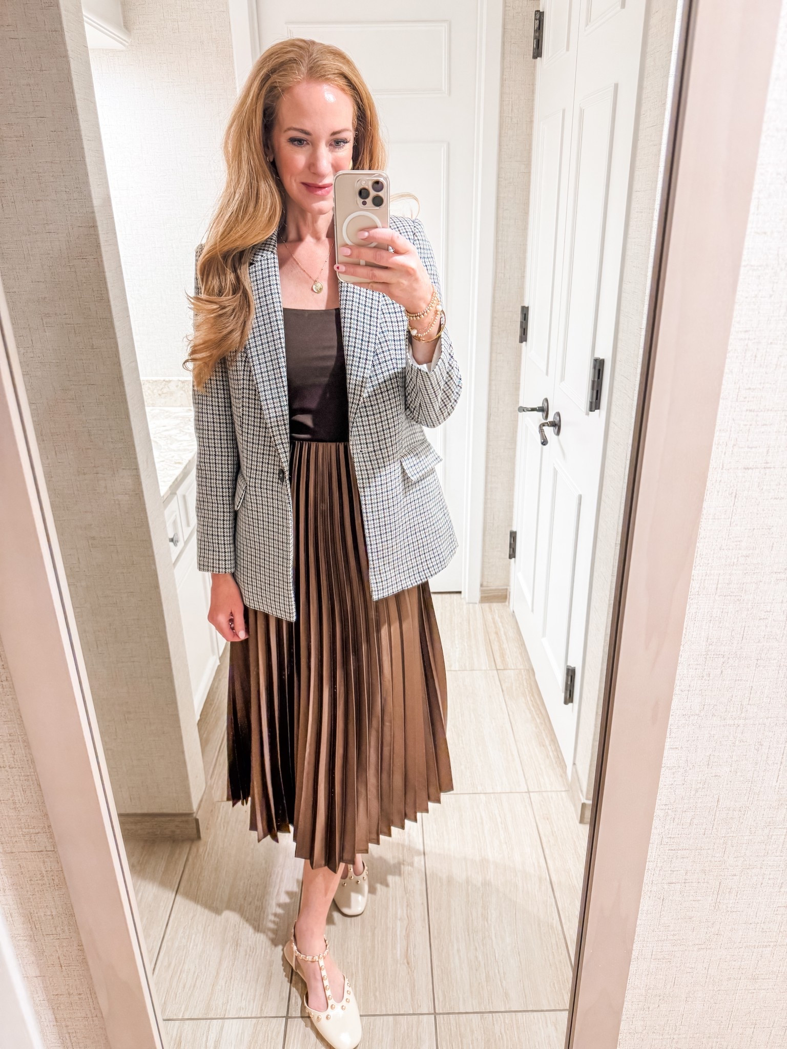 Favorite work outfit of the week! 
Brown pleated satin skirt, houndstooth blazer, and studded flats from Zara! Everything is under $100! 

#LTKFindsUnder100 #LTKStyleTip #LTKWorkwear