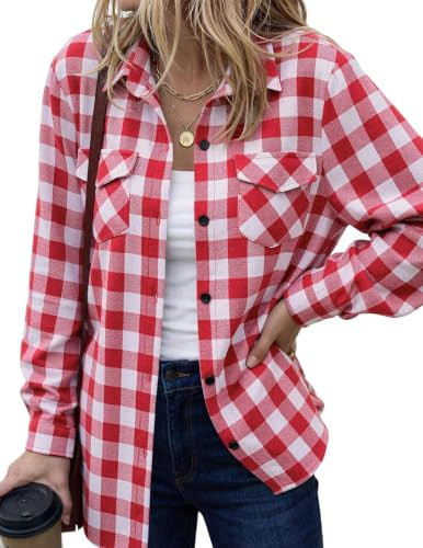Zeagoo Womens Plaid Flannel Shirt, Roll up Long Sleeve Checkered Cotton Shirt,Watermelon Red,Medium | Amazon (US)