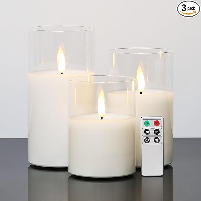 Eywamage Clear Glass Flameless Candles with Remote, Flickering Realistic LED Battery Pillar Candl... | Amazon (US)