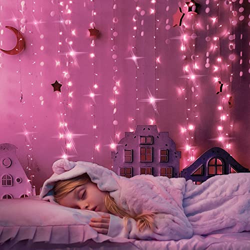 suddus Curtain Lights for Bedroom, 200 Led 6.5ft x 6.5ft Hanging String Lights Outdoor, Fairy Curtain Lights for Backdrop, Window, Wall, Wedding, Party, Garden, Porch, Brithday Decorations Pink | Amazon (US)