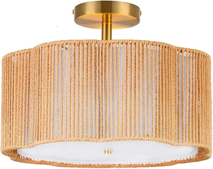 Semi Flush Mount Ceiling Light,Rattan Light Fixtures,Gold Modern Close to Ceiling Lamp,Boho Ceili... | Amazon (US)