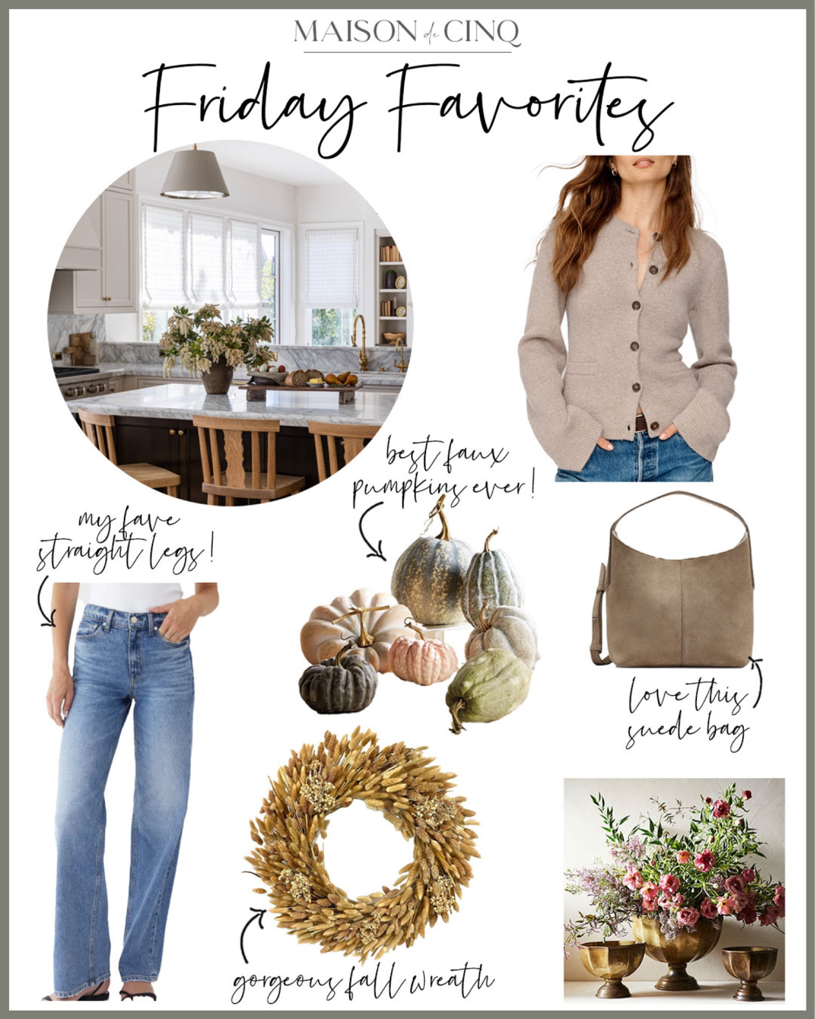 So many good finds for Friday Favorites this week including our fave Straight jeans, the best faux pumpkins, gorgeous fall wreath, new McGee pieces we love and more!

Home decor, fall decor, fall outfit, vase, wide leg jeans, sweaters, fall handbag, fall jacket 

#LTKHome #LTKFindsUnder50 #LTKSeasonal