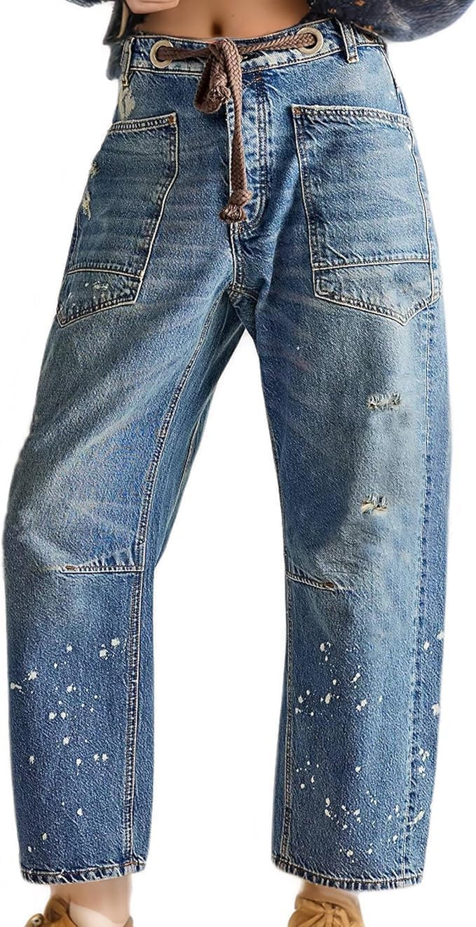 Womens Pull-On Barrel Jeans Mid-Low Rise Boyfriend Drawstring Ankle Baggy Elastic Waist Stretchy Boho Denim Pants | Amazon (US)