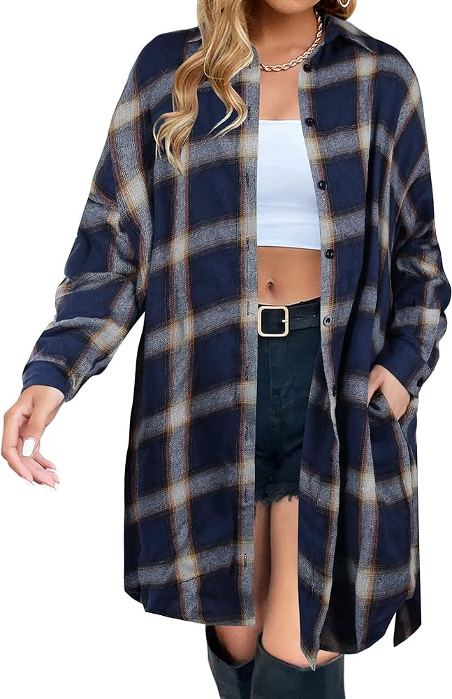 Blooming Jelly Women's Button Down Flannel Shirts Plaid Shacket Long Sleeve Collared Long Jacket ... | Amazon (US)