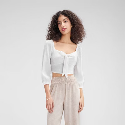 Women's Tie-Front Bubble Sleeve Top - Wild Fable™ White L | Target