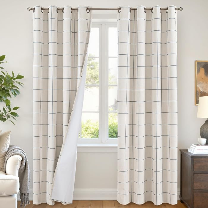 Navy Blue Linen Blackout Curtains for Living Room - Boho Plaid Pattern Thermal Insulated Grommet ... | Amazon (US)