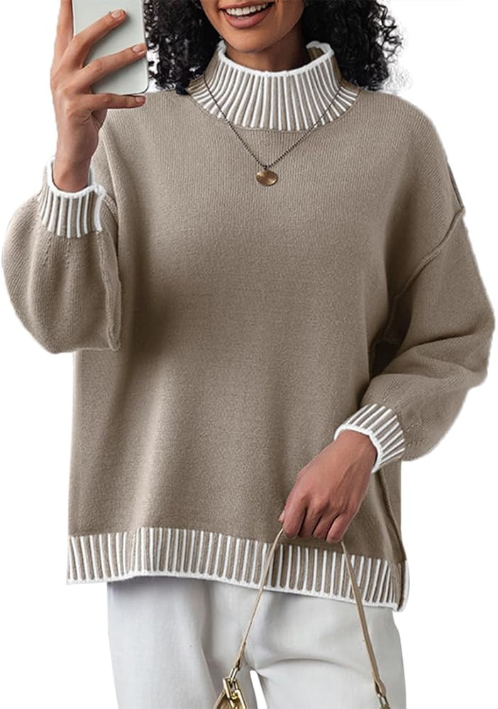 CHYRII Women Fall Fashion 2024 Sweater Overiszed Batwing Long Sleeve Striped Turtleneck Pullover ... | Amazon (US)